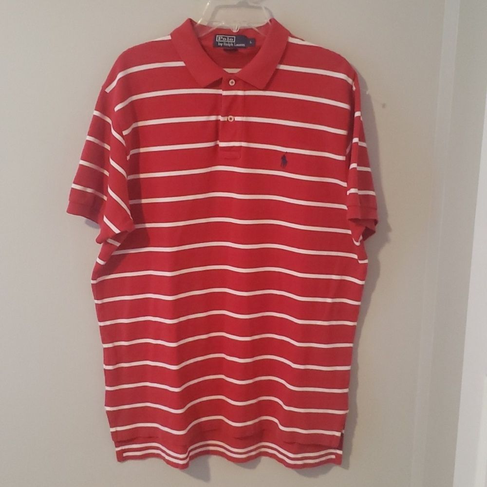Ralph Lauren Polo Mens sz Large Red White Stripes Navy Polo Player